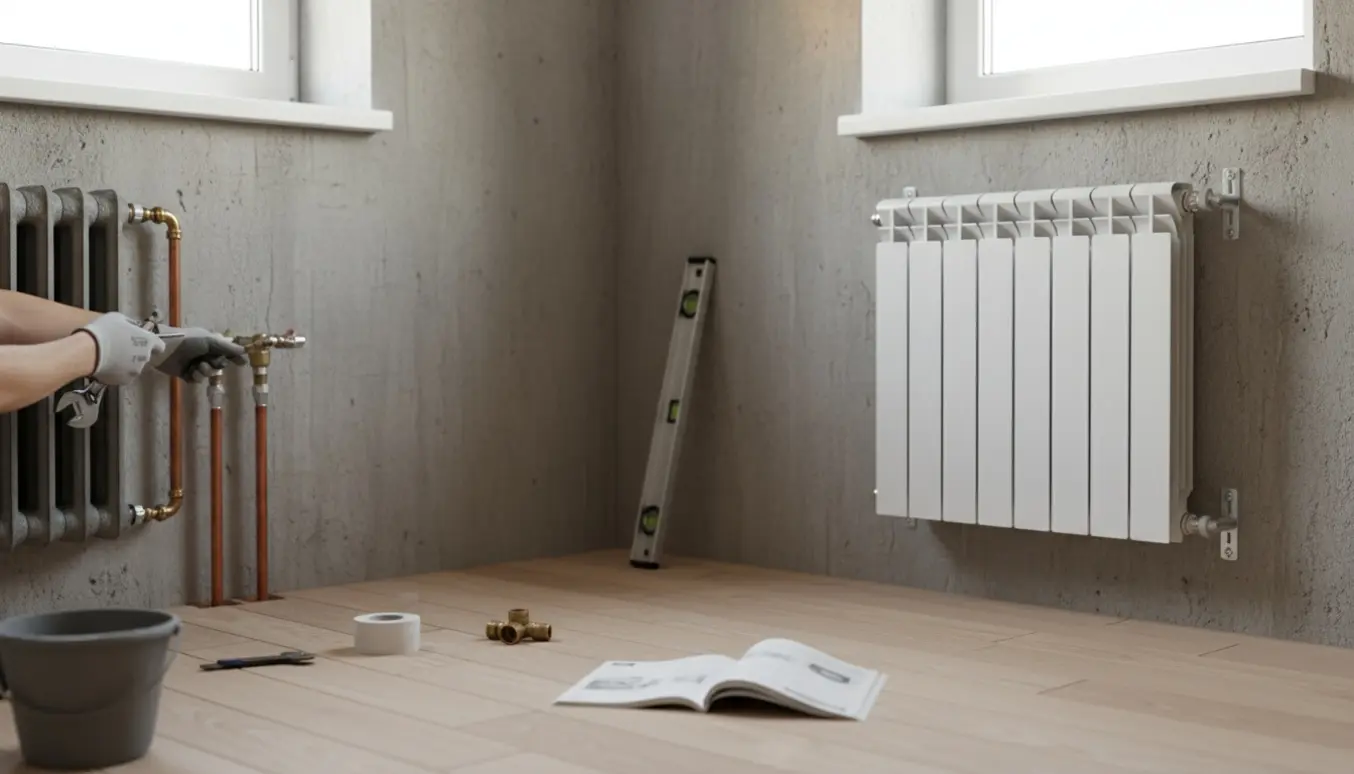 Et lille rum med to vinduer hvor en hvid flad radiator er monteret og en anden er delvist afmonteret, mens installatørens hænder arbejder.