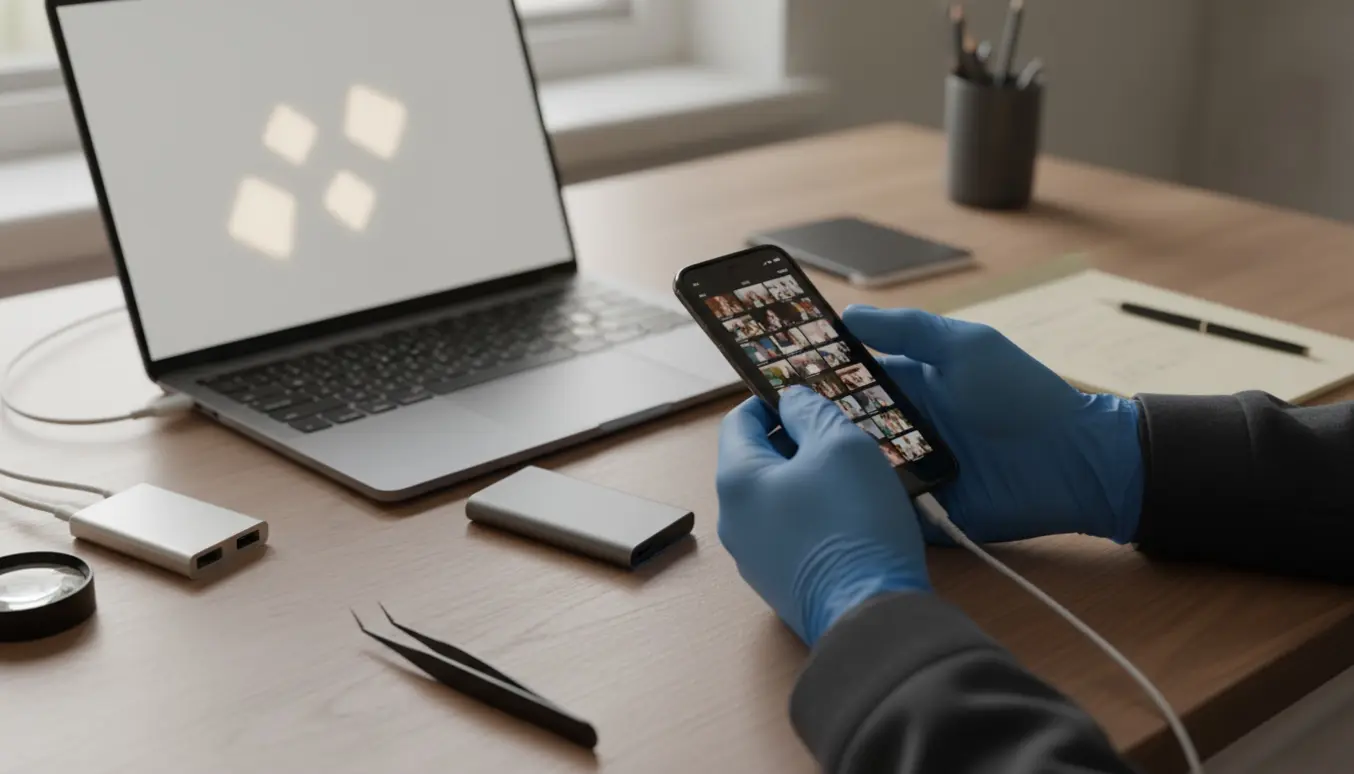 Nærbillede af en iPhone tilsluttet en bærbar, hvor en tekniker uden synligt ansigt forsøger at genskabe slettede billeder.