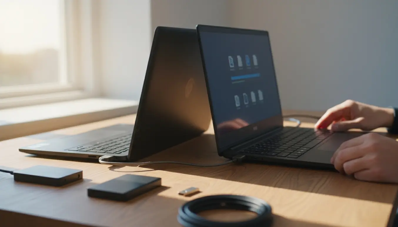 To sorte 15-tommer gaming-bærbare på et skrivebord, en hånd forbinder dem med et USB-C-kabel for at overføre data.