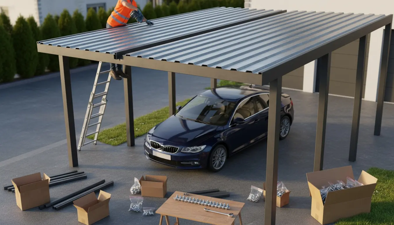 Delvist monteret carport med tagplader ved et parcelhus, håndværker ses bagfra uden synligt ansigt.