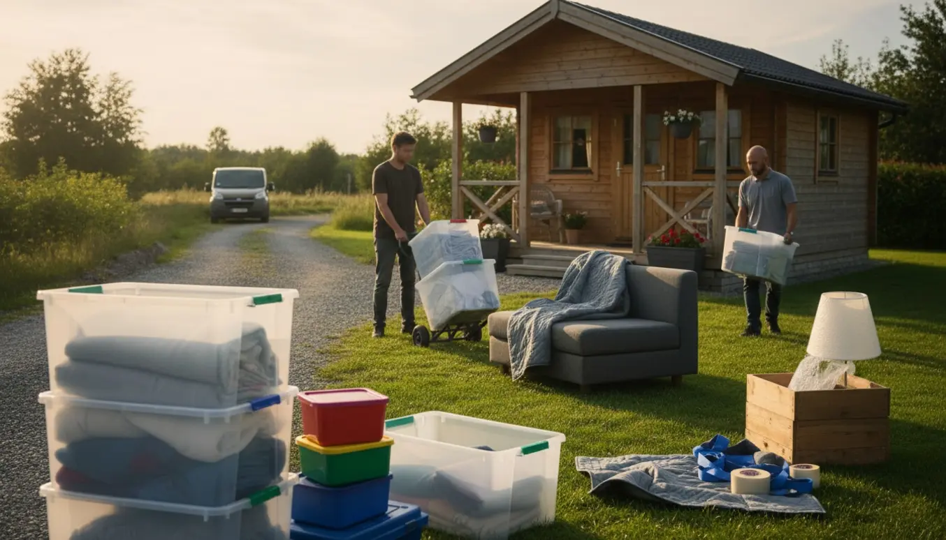 Flyttefolk bærer plastikbokse og et indpakket sofamodul mod et lille træsommerhus, med en varebil parkeret et stykke væk.
