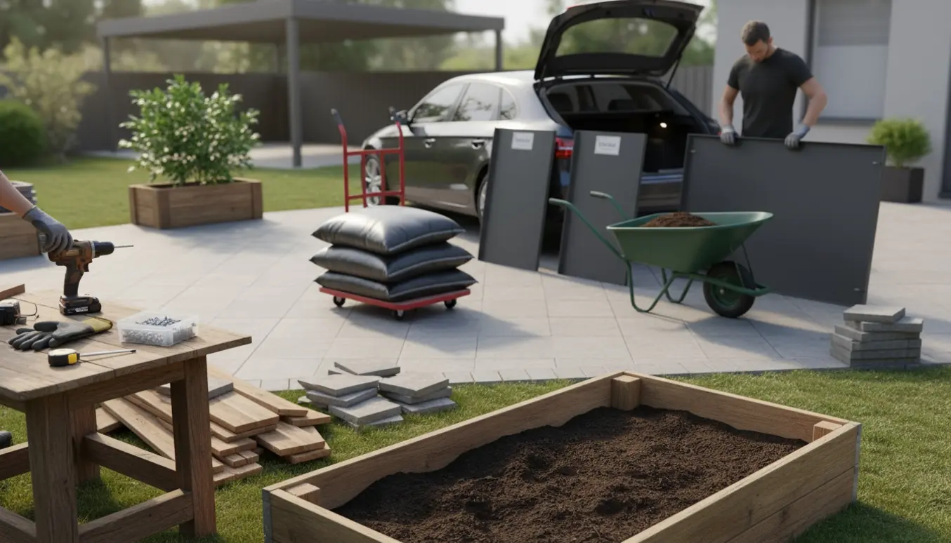 Ryggen af en person, der samler metal-højbede og flytter plantesække ved et gammelt træhøjbed i haven.