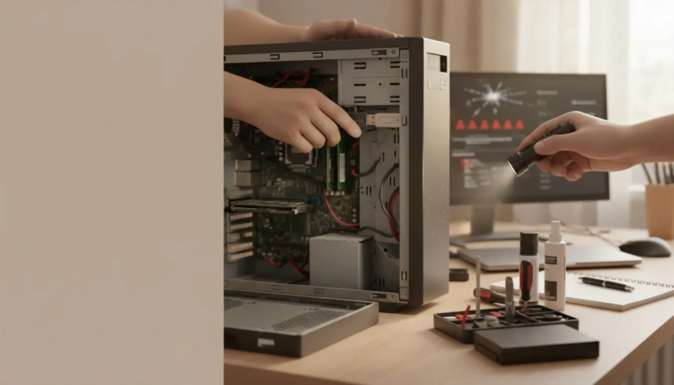 Tekniker inspicerer en åben stationær computer på et hjemmekontor med værktøj og skærm med advarselsikoner.