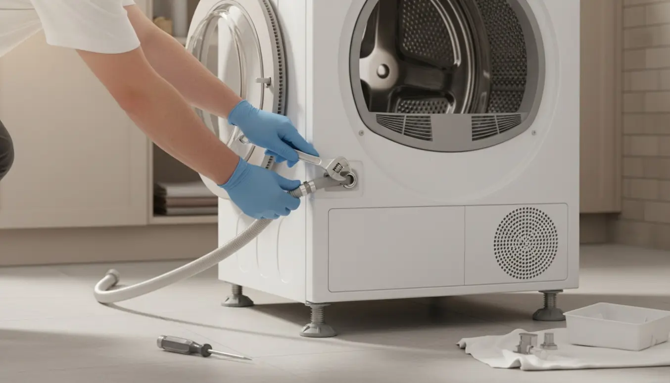 En tekniker tilslutter slange og kabler til en moderne hvid tørretumbler i et lyst vaskerum.