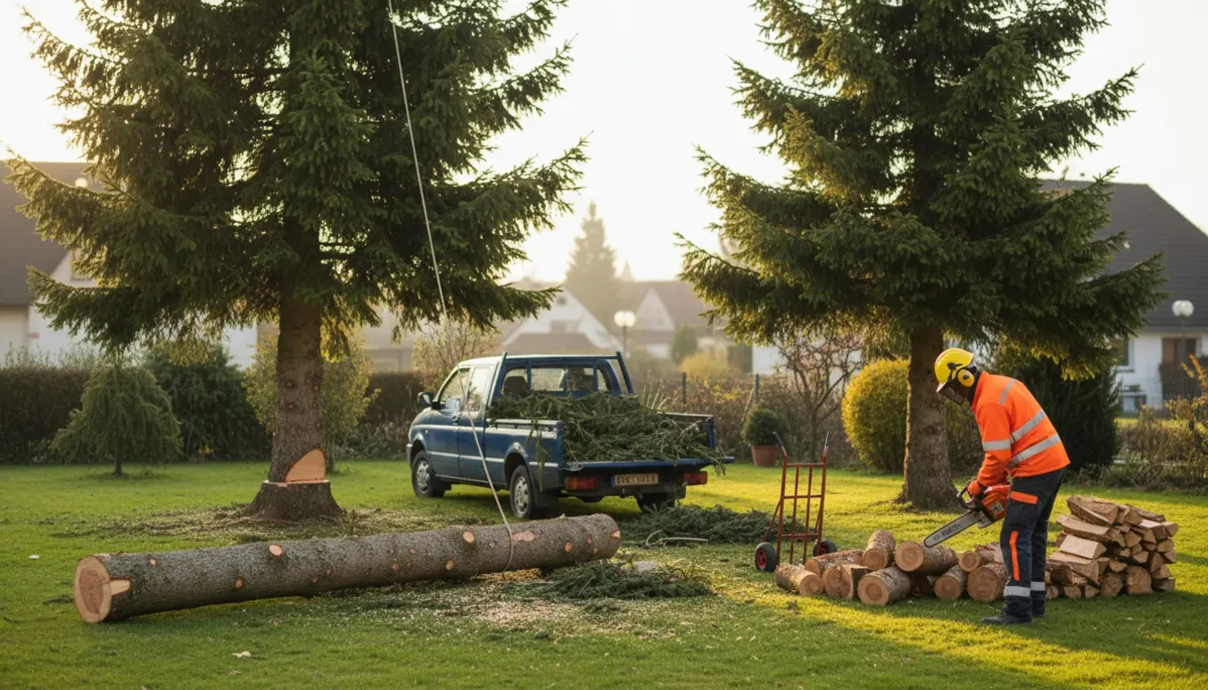 Fældede grantræer med stakke af brænde og grangrene samlet til afhentning.