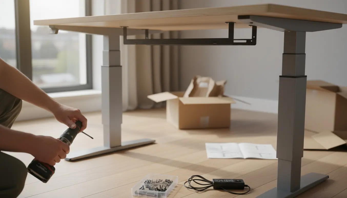 Samling af elektrisk hæve-/sænkebord i lyst hjemmekontor med værktøj og dele.