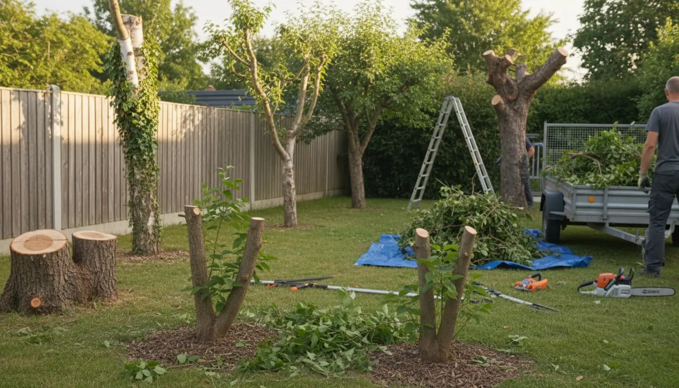Nybeskårne syrener og frugttræer med redskaber og en bunke haveaffald klar til bortkørsel.