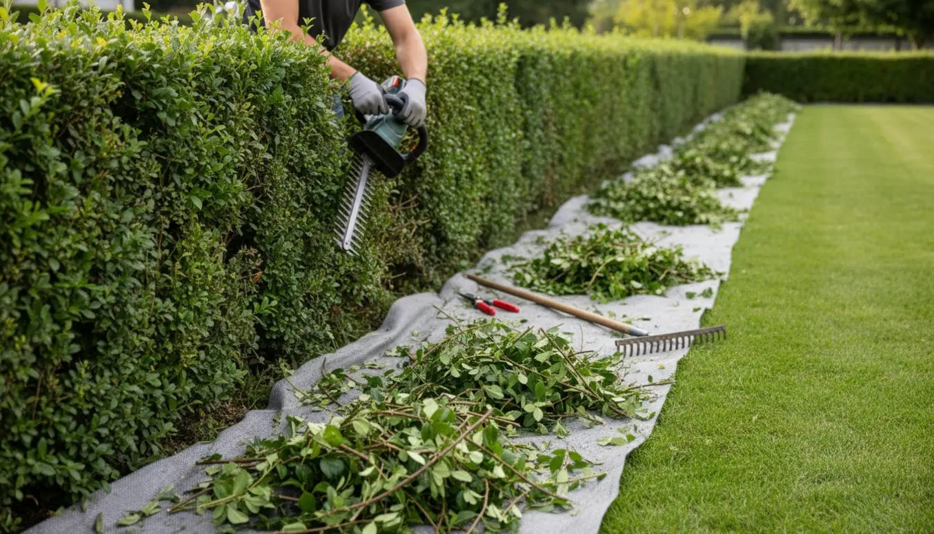 Lang hæk under klipning med fiberdug lagt langs bunden for at samle grene og torne.
