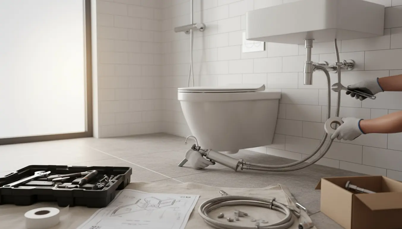 Håndværkeres hænder monterer toilet, vask og brusearmatur i et lyst flisebadeværelse.