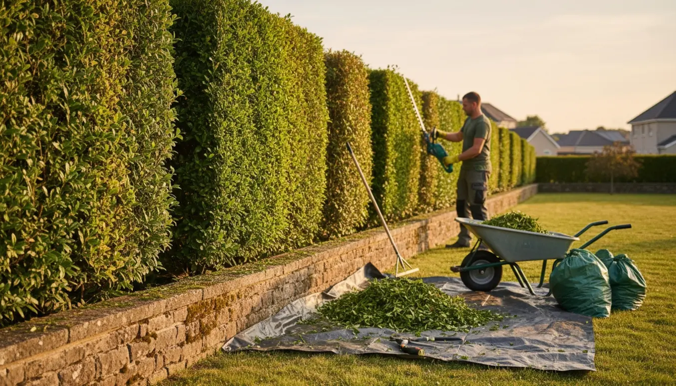 Ligusterhæk klippes langs en lav stenmur, og afklip samles på presenning og i trillebør.