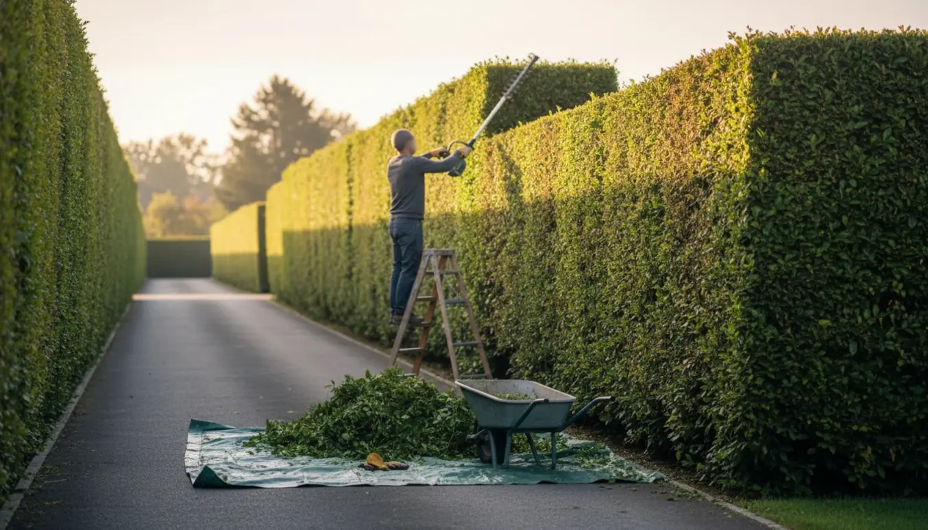 En gartner med ryggen til klipper toppen af en lang hæk, med trillebør og friske afklip i forgrunden.