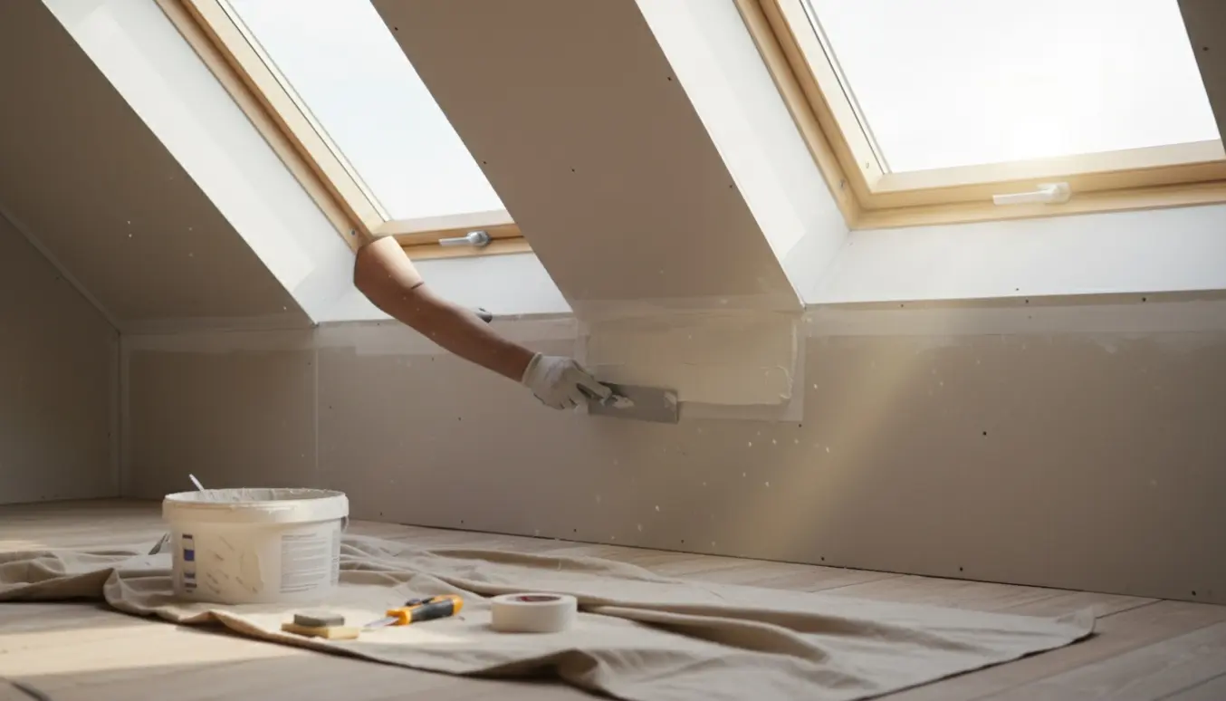 Hænder opsætter filt og spartler omkring to nye loftvinduer på gipsplader.