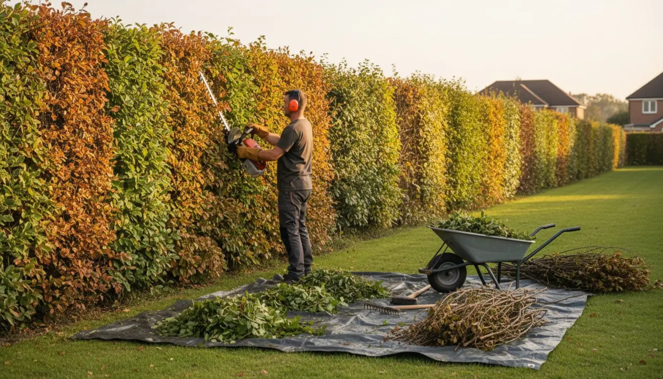 Lang, nyklippet hæk af bøg og avnbøg (ca. 180–200 cm), hvor en havearbejder trimmer og samler afklip i en trillebør.
