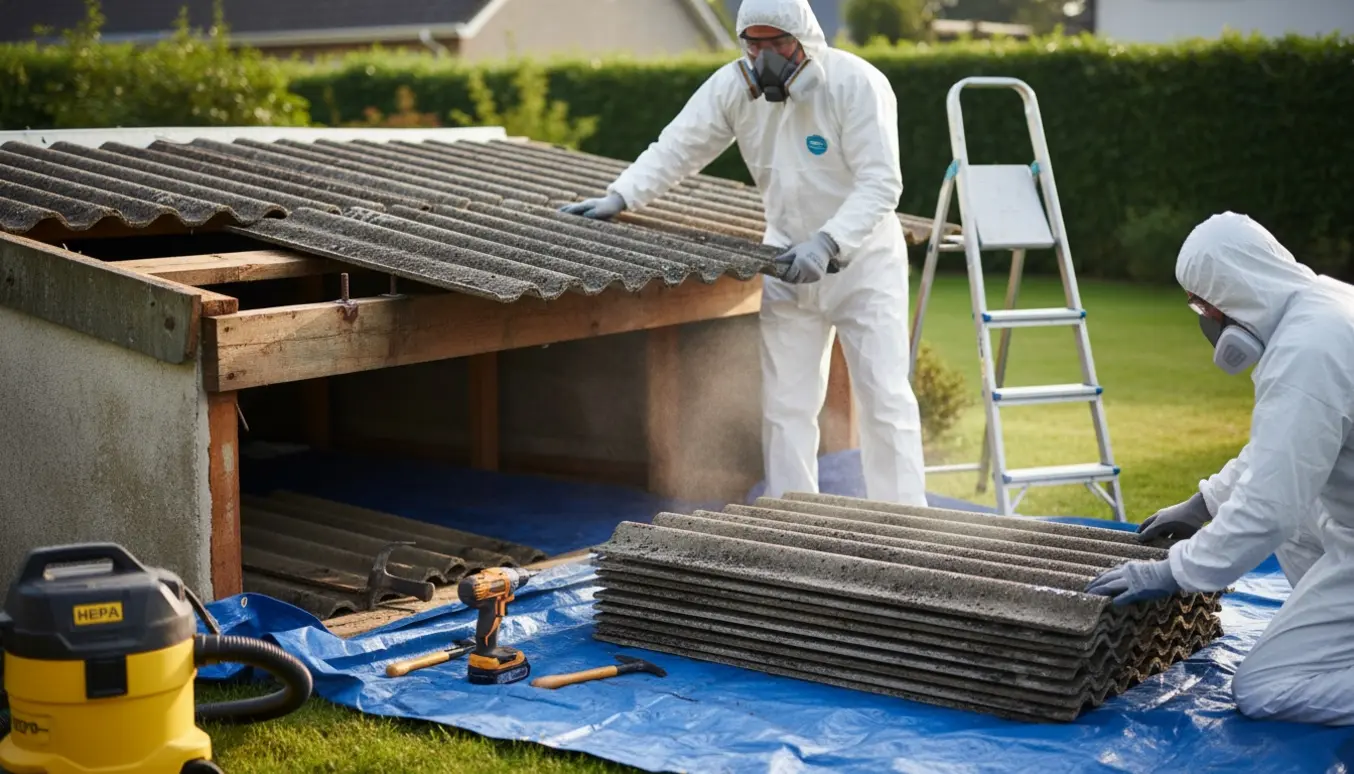 Arbejdere i beskyttelsesdragter fjerner vådt bølgeeternittag fra en lav carport og stabler pladerne på plast.