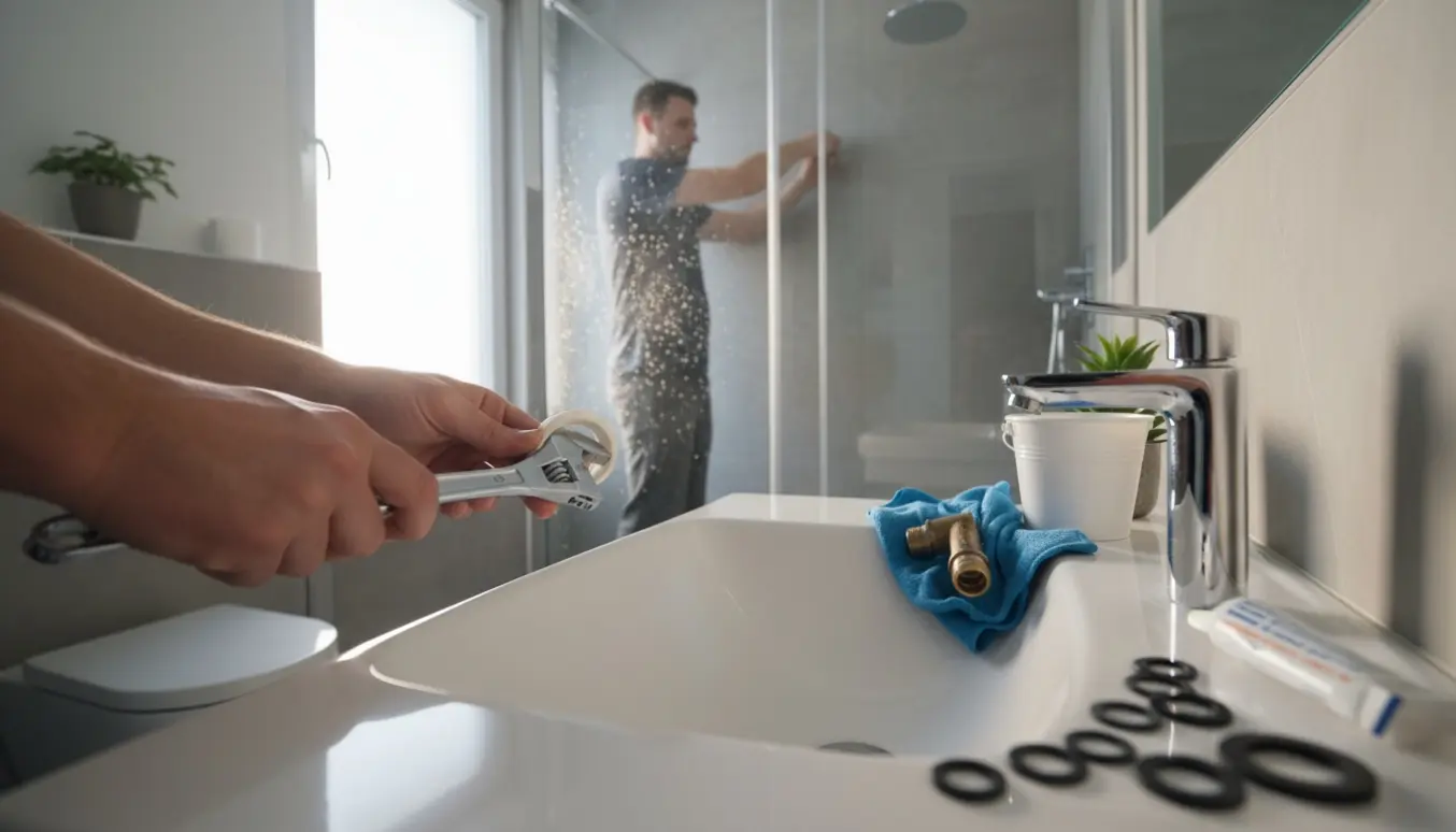 Hænder installerer nyt kromblandingsbatteri ved vasken, mens et nyt armatur klargøres i glasbrusekabinen.