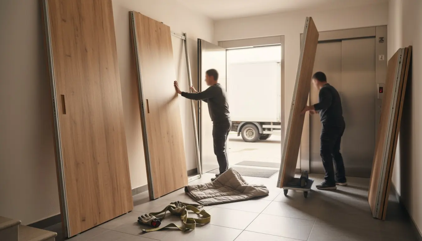 Afmonteret skab med høje skydedøre ved elevatoren, pakket og klar til kørsel til genbrugspladsen.