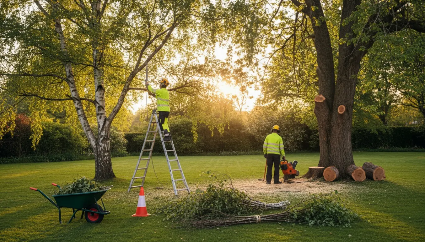 To store træer i en have: et birketræ under beskæring og et andet træ delvist fældet med afsavede stykker på græsset.