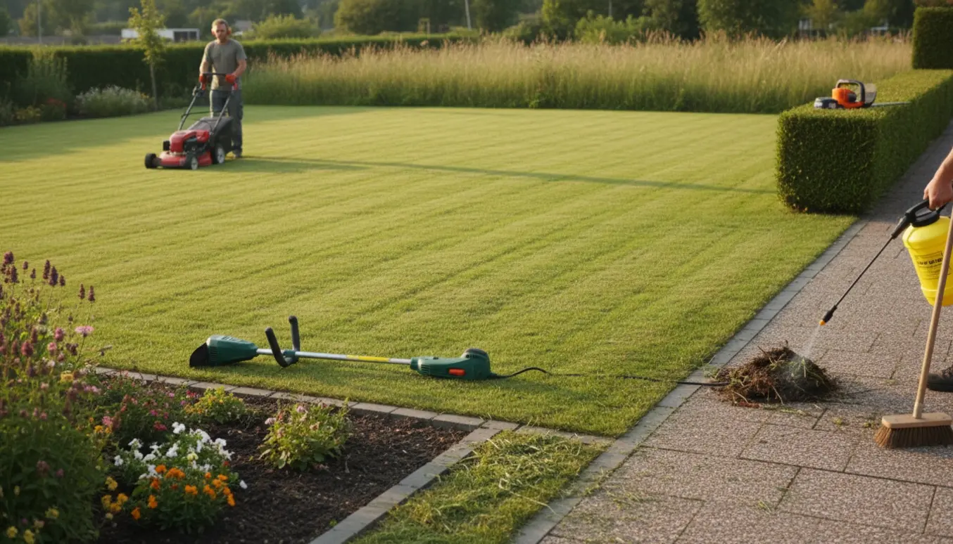 Stor nyklippet græsplæne med kantede bede, ukrudtsrensede fliser og en kort nyklippet hæk.