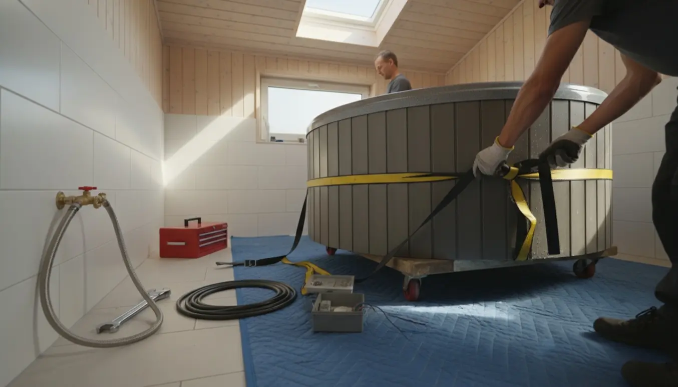 Spa i et sommerhusbadeværelse afkobles og forberedes til fjernelse.