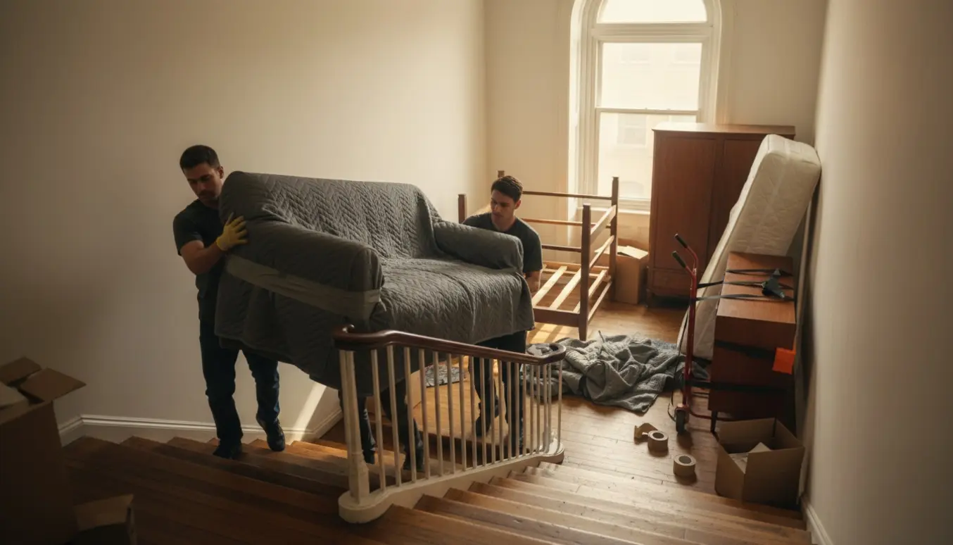 Flyttefolk bærer en indpakket sofa ned ad en lys opgang med seng, skab og skænk pakket på landingen.