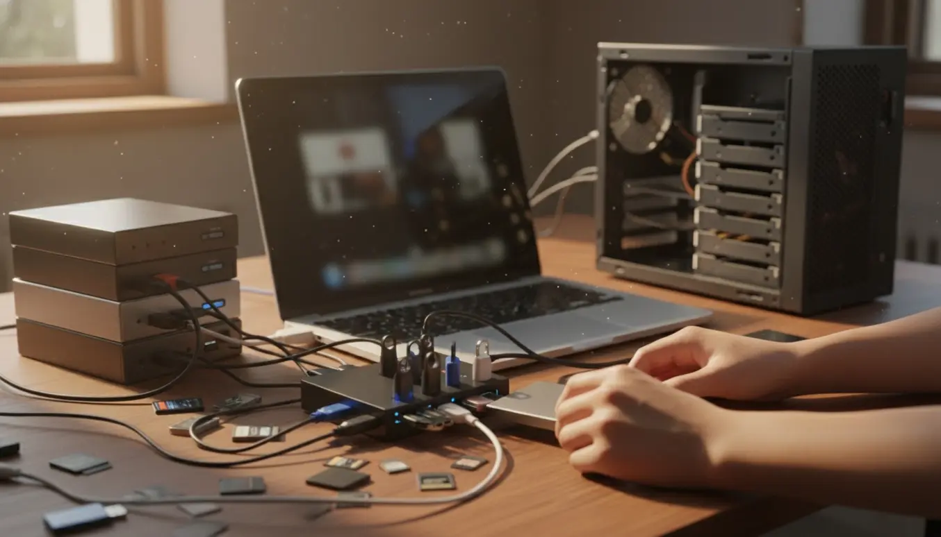 En laptop omgivet af eksterne harddiske og USB-stik, mens en hånd sætter et drev i for at frigøre plads.