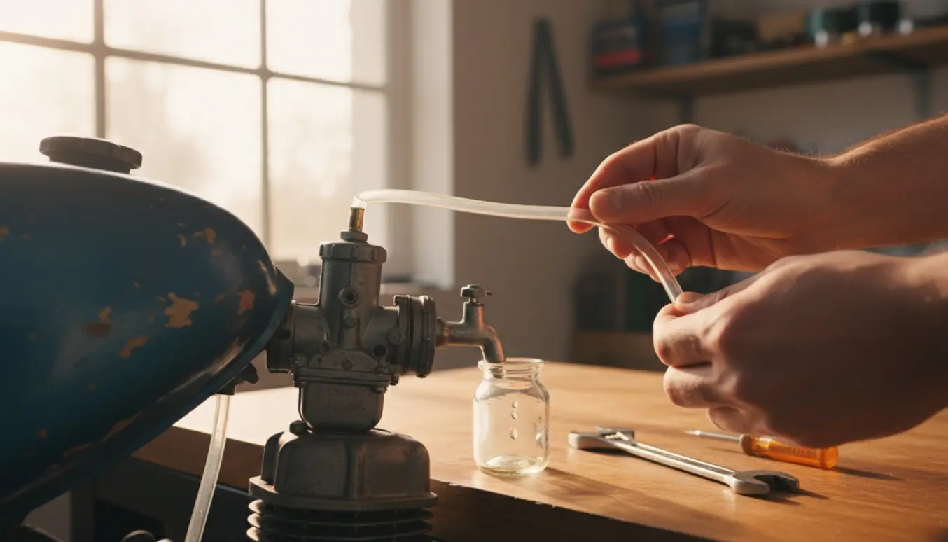 Hænder holder en frakoblet gennemsigtig brændstofslange ved karburatoren på en knallert i et solbelyst garageværksted.