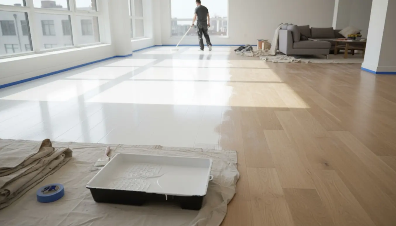 Lys lejlighed med et trægulv halvt malet hvidt, malerulle, pensel, malerbøtte og afdækningsduge i naturligt dagslys.