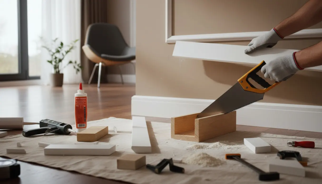 Hænder monterer hvid polyurethan-stuk i loftets hjørne med skæreboks, sav, fugepistol og værktøj i et lyst rum.