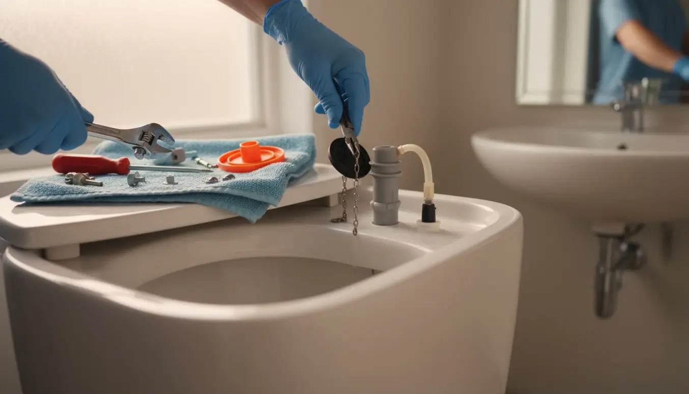 Nærbillede af handsko-beklædte hænder, der reparerer en toilettank med værktøj og reservedele.