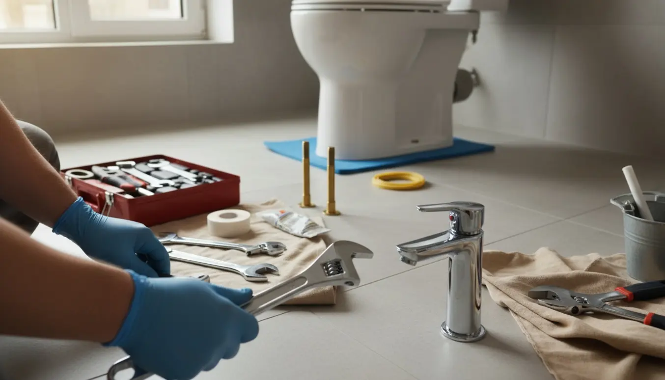 Hænder installerer nyt toilet og vandhane i et lyst badeværelse med værktøj samlet omkring.