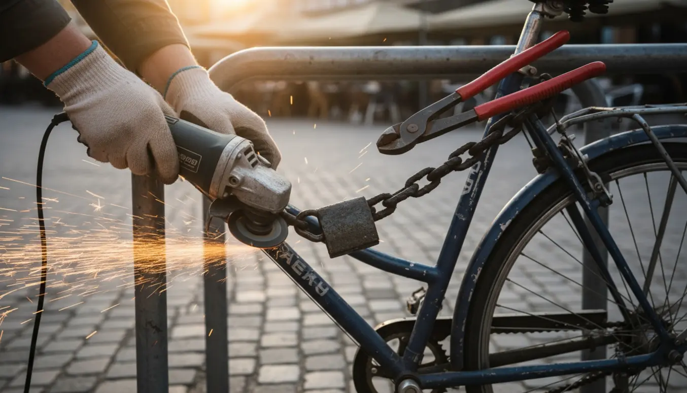 Nærbillede af handskerede hænder, der bruger en vinkelsliber til at skære en tyk kædelås ved et cykelstativ.