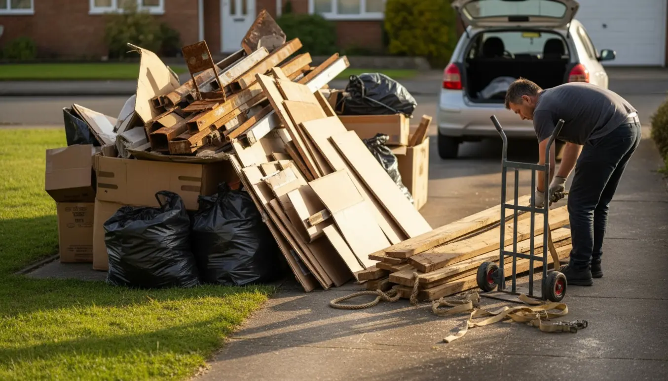 Bunke byggeaffald (pap, træ, jern og plastik) i indkørsel, mens en person binder træ sammen uden at vise ansigt.