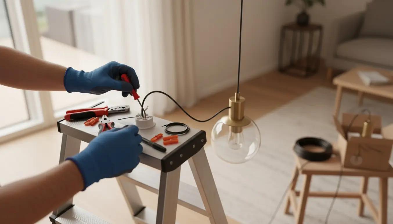 Hænder på en stige forbinder ledninger for at montere en loftslampe i en lys stue.