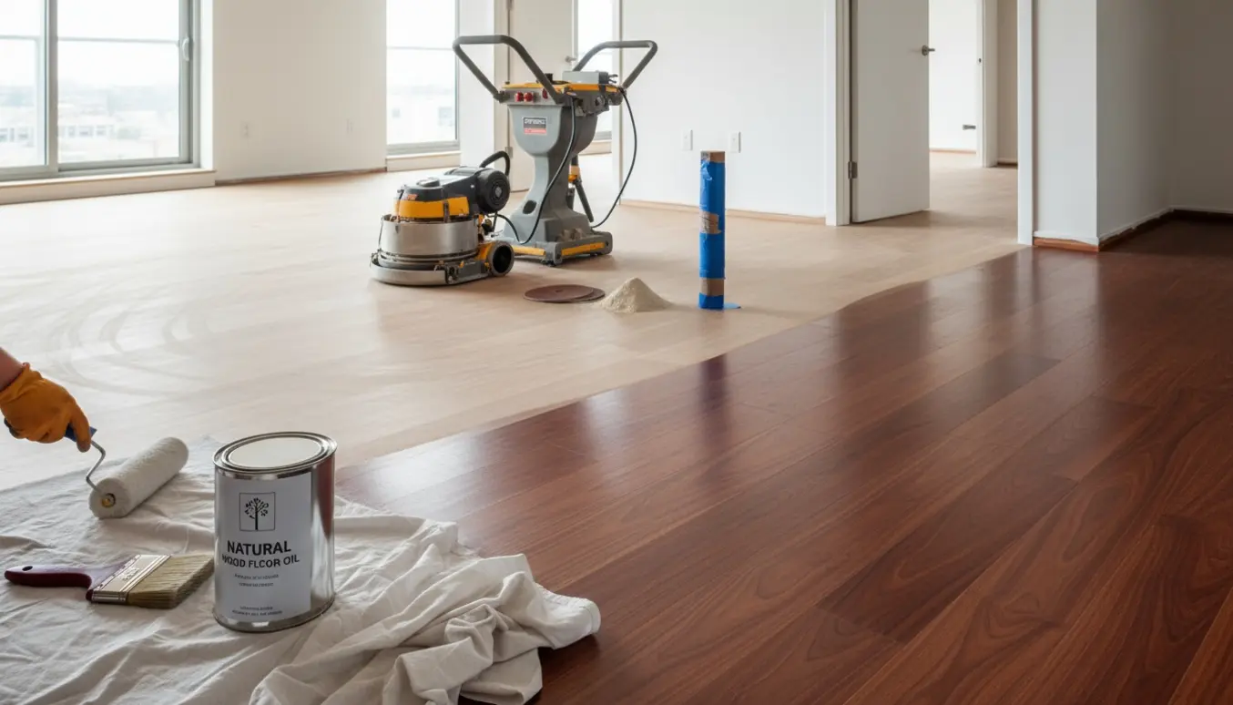 Merbau trægulv i lejlighed halvt slibet og halvt olieret med slibemaskine og olieudstyr i nærheden.