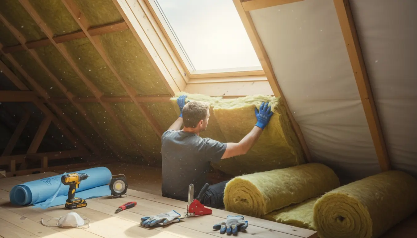 Loftrum under indvendig isolering med 300 mm glasuld mellem spær, ruller og værktøj klar.