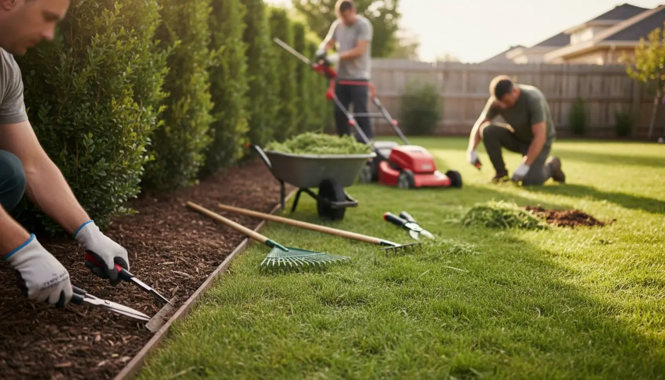 Solbeskinnet villahave hvor hæk klippes, kanter trimmes og ukrudt fjernes.
