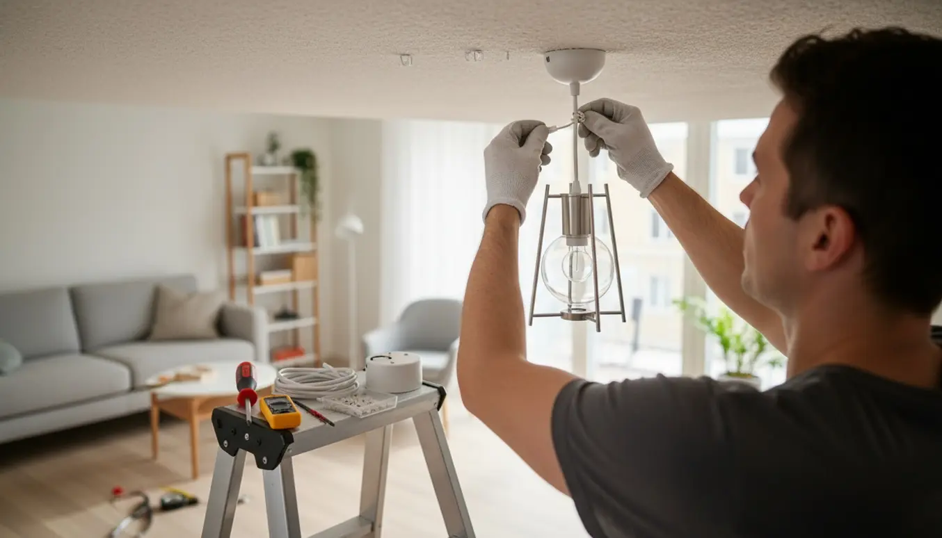 Opsætning af en let loftlampe i en mindre andelslejlighed, hænder på en stige forbinder ledninger med kabelskjuler.
