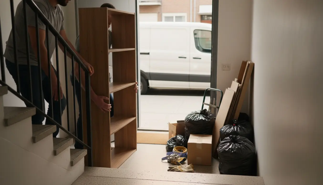 Personer bærer en reol ned ad trappen og læsser sorte sække, pap og kasser i en hvid varevogn.