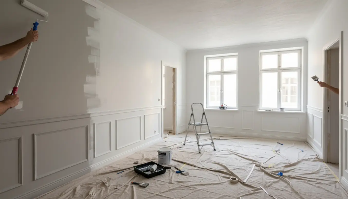 Maler ruller hvid maling på en delvist grå væg i en lejlighed, med synlige paneler, fodlister og vindueskarme.