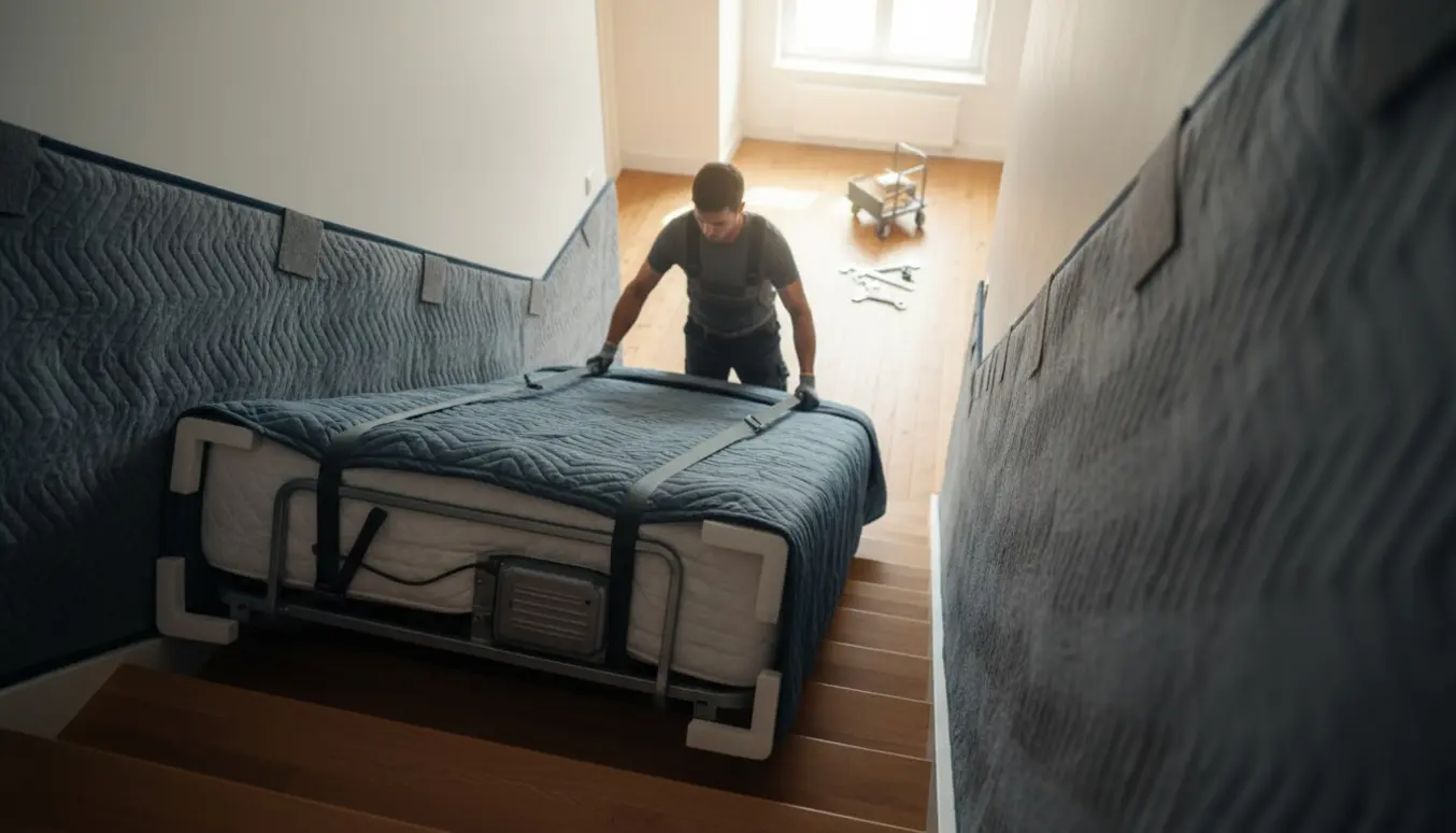En person manøvrerer en enkel elevationsseng op ad en indendørs trappe med flyttestropper og beskyttelse.