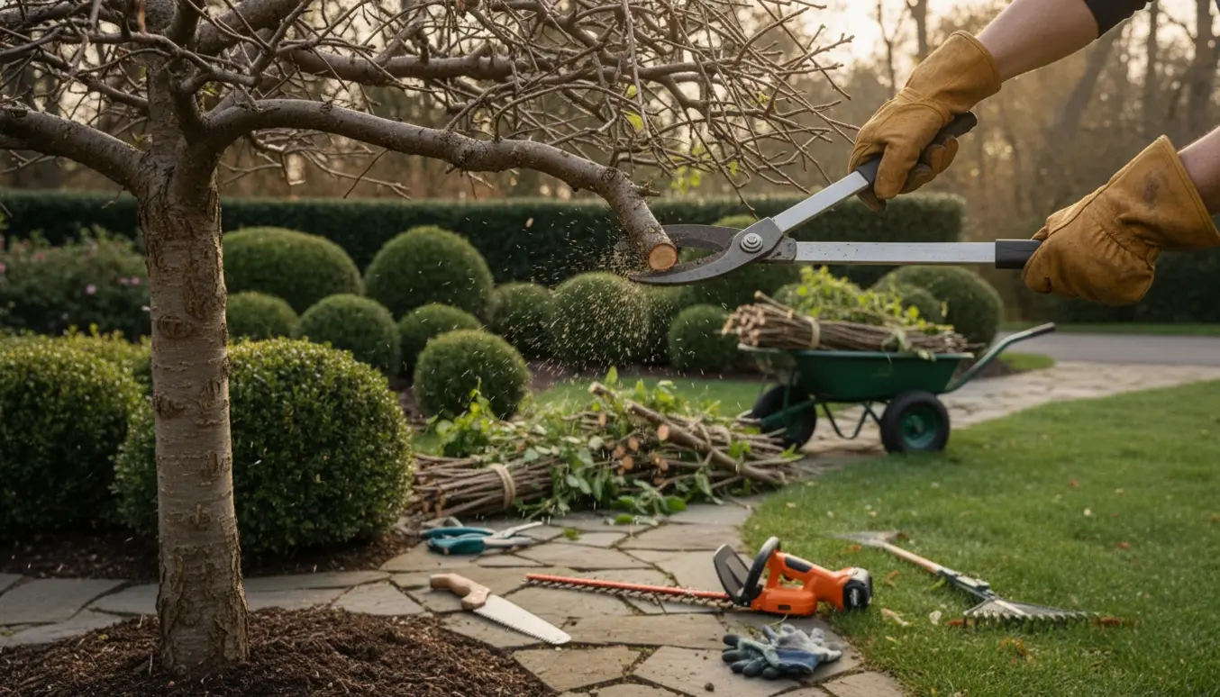 Nærbillede af hænder, der beskærer en busk med grensakse, med trillebør og trailer fyldt med afklip i en velplejet have.