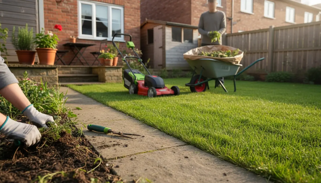Hænder i handsker trækker ukrudt fra kanten af en lille rækkehus-have med nyklippet græs og en fyldt trillebør i baggrunden.