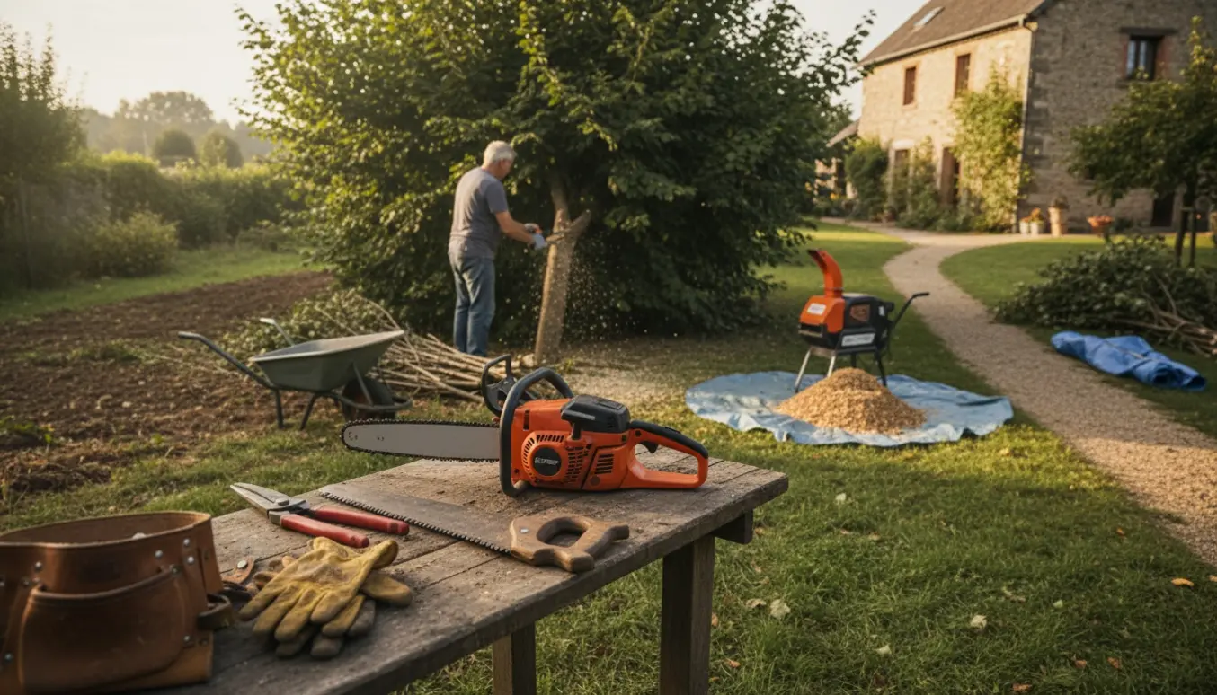 Delvist beskåret stor hasselbusk i en have med værktøj, kværn og trillebør klar til at transportere kviste gennem en smal havegang.