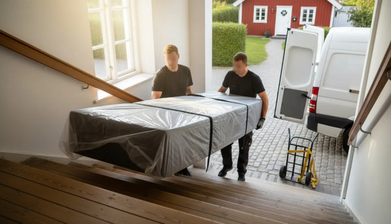 To flyttefolk bærer en tung, indpakket enkeltseng ned ad en trappe mod en åben flyttevogn, med et sommerhus i baggrunden.