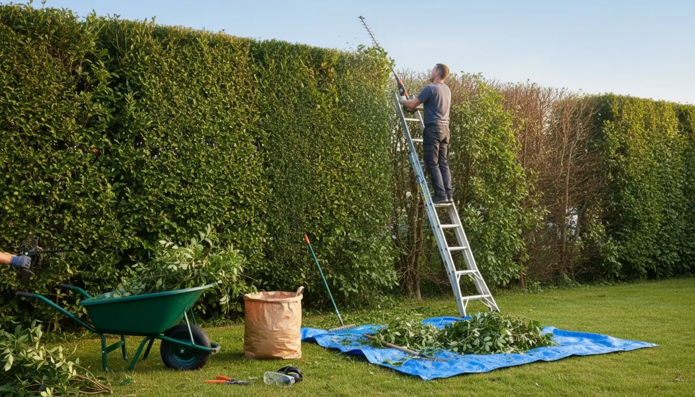 Høj hæk klippes fra en stige med afklip samlet i trillebør og på en presenning klar til fjernelse.