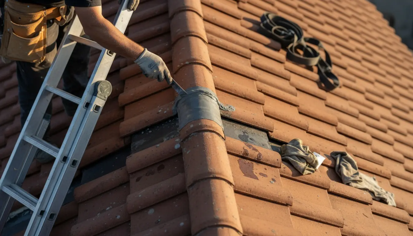 Hænder påfører tagtætning i en skotrende på anden sal for at tætne utætheder.