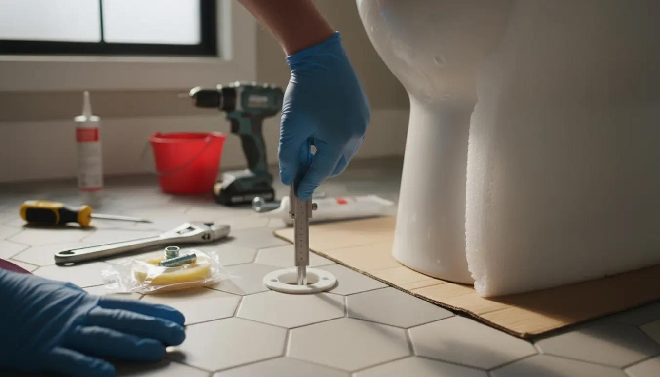 Nærbillede af udskiftning af toilet med synligt afmonteret flange, monteringshuller, måleværktøj og nyt toiletskål ved siden af.
