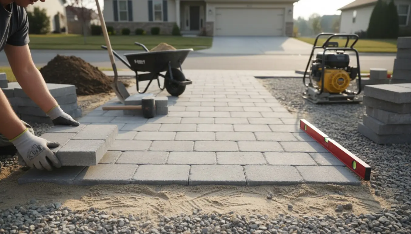 Nærbillede af lægning af grå fliser i indkørsel med grusbund og værktøj.