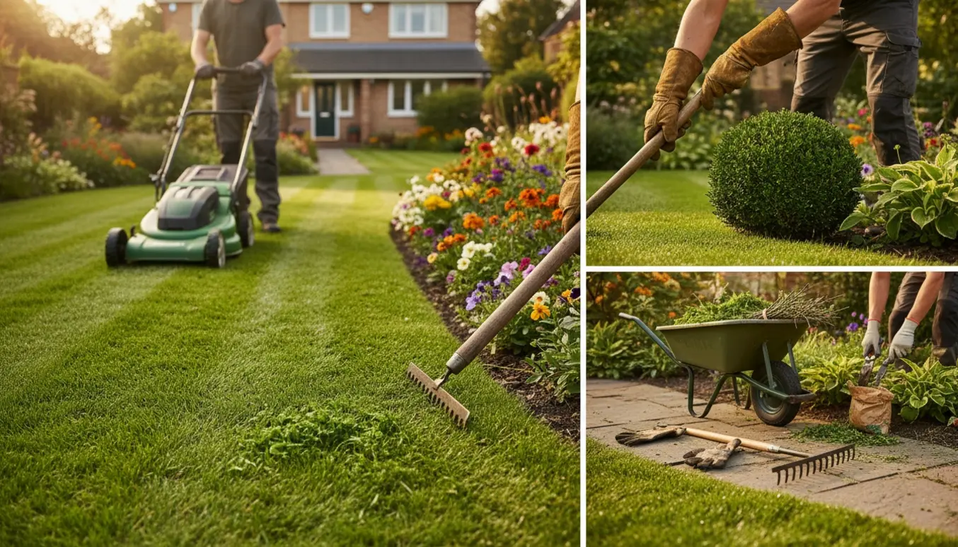 Hænder slår græs, trimmer kanter og luger bede i en velplejet have.