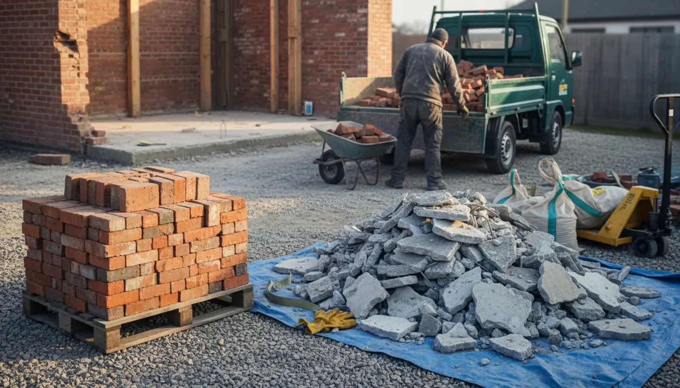 Adskilte bunker af mursten og knust beton i en indkørsel ved en byggeplads klar til afhentning.